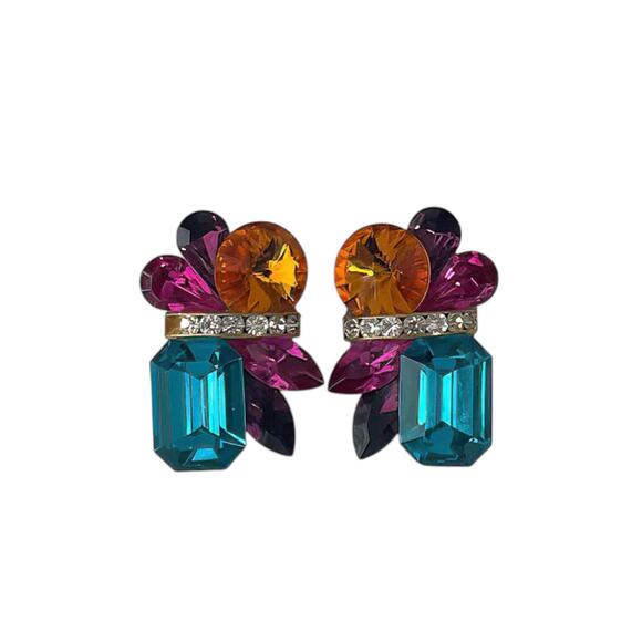Multi Color Bejeweled Jewel Tone Faux Gem 1980s Statement Clip On Earrings - Picture 3 of 3